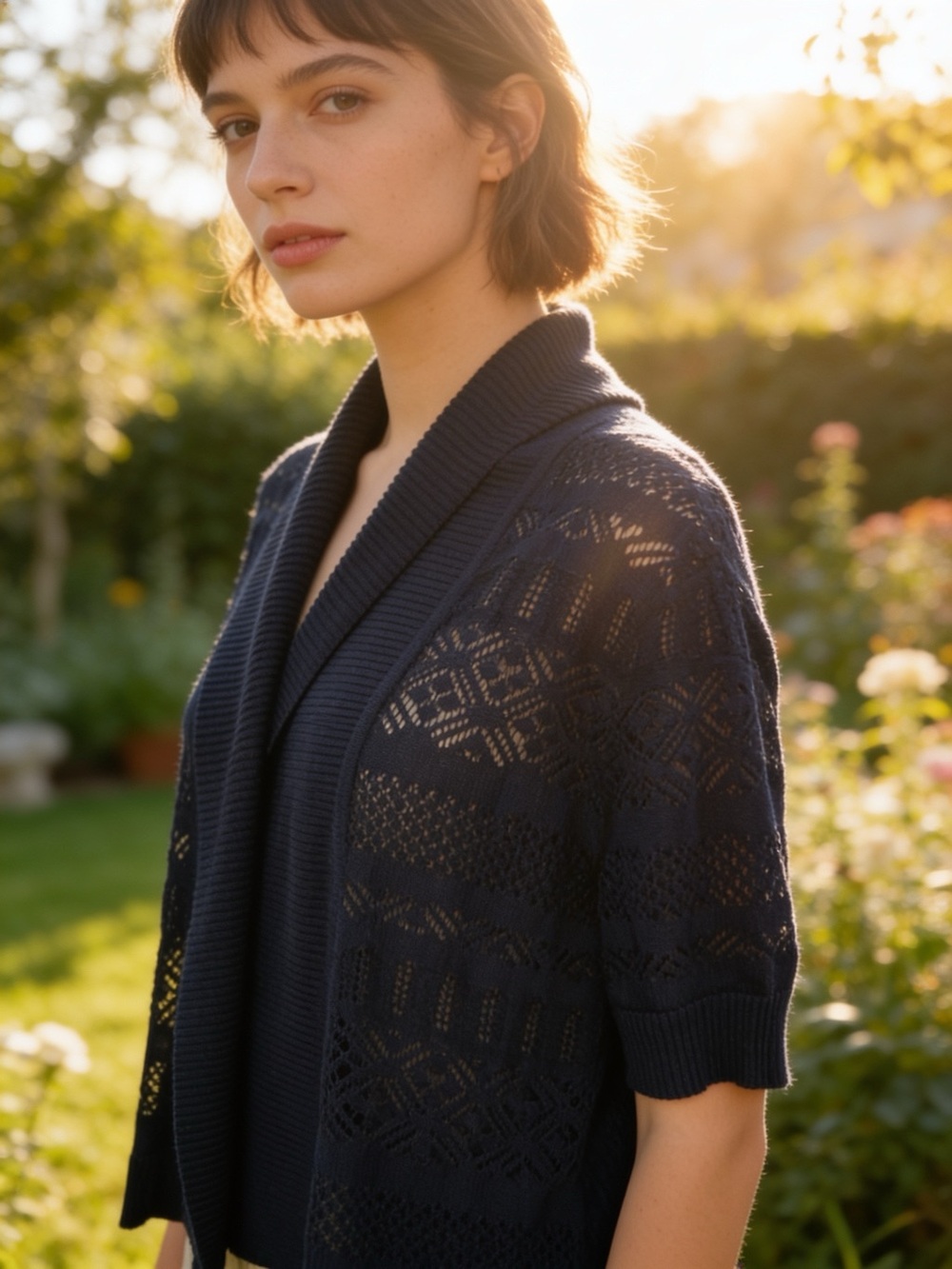 NWT 89th & Madison Navy Open Knit Shawl Collar Cardigan Size S